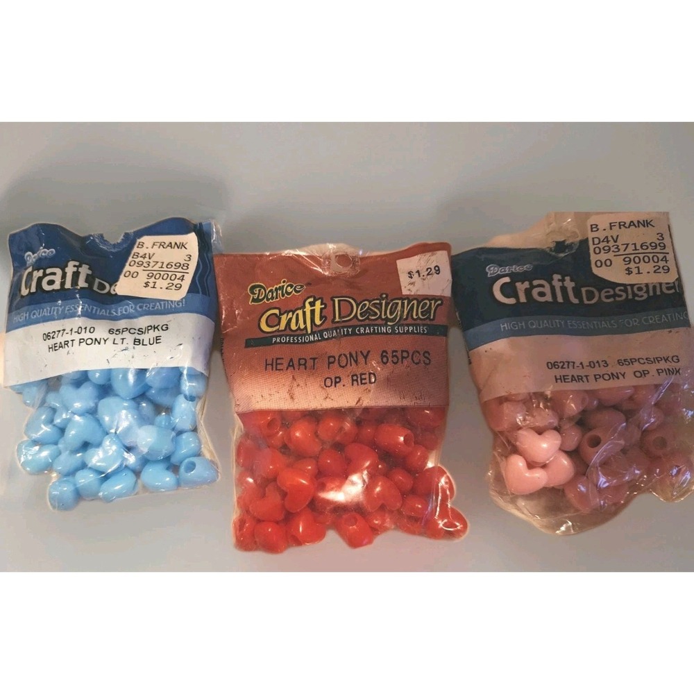 Vintage Lot Of 3 Packs Heart Pony Beads New Red Lt Blue Pink Hair Crafts Kids Lo